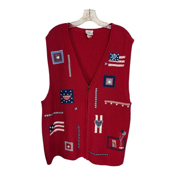 Vintage Koret City Blues Red Knit Vest – Patriotic Americana Flag & Heart Embroi - Picture 1 of 4